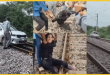 /up-woman-drives-car-on-railway-track-halts-15-trains-in-telangana