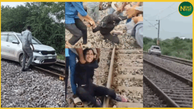 /up-woman-drives-car-on-railway-track-halts-15-trains-in-telangana