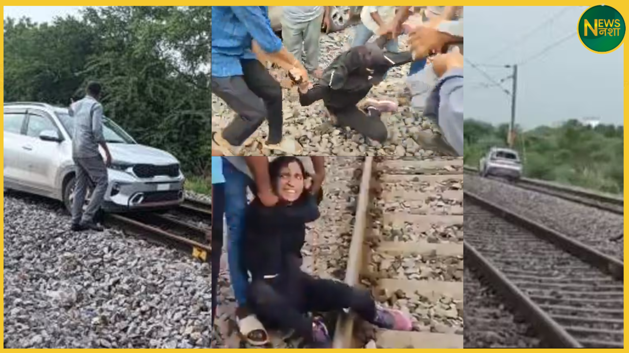 /up-woman-drives-car-on-railway-track-halts-15-trains-in-telangana