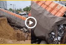 gurugram-beer-truck-falls-in-pit-after-heavy-rain